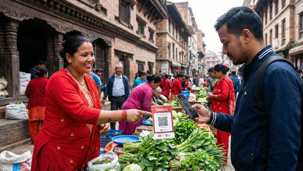 A female vegetable vendor in a Kathmandu market accepting a digital payment via a Fonepay QR code scan from a customer