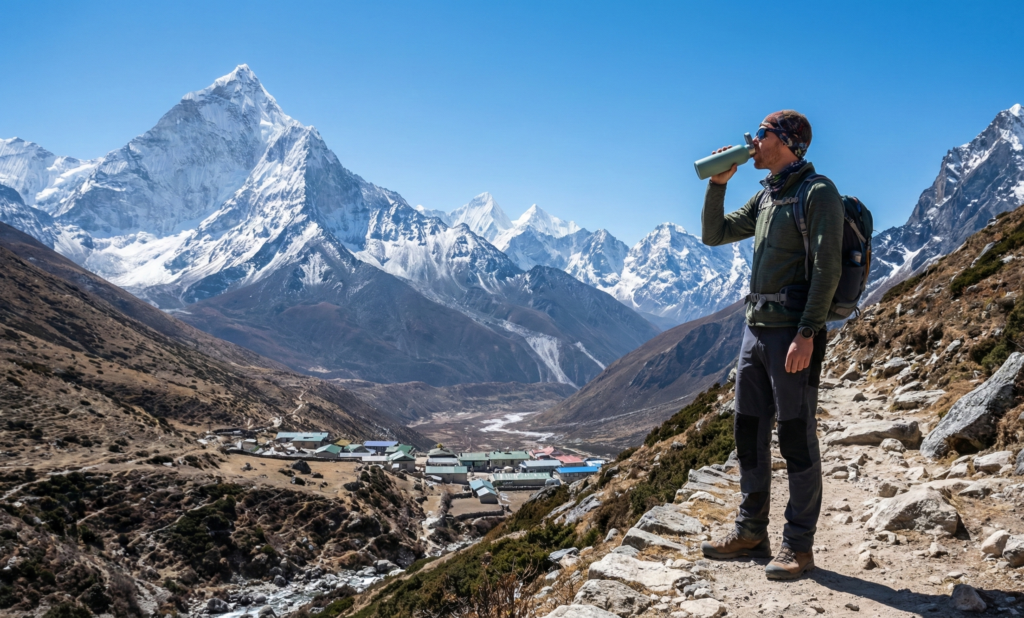Hiker using a reusable water bottle on a clean trail in the Himalayas