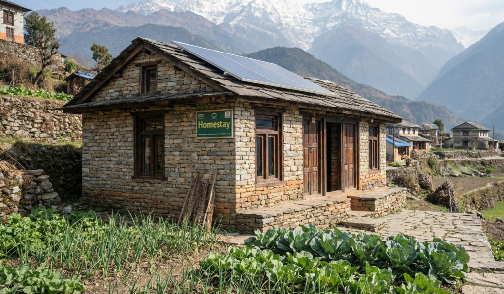 Eco-friendly homestay with solar panels in a remote mountain village in Nepal