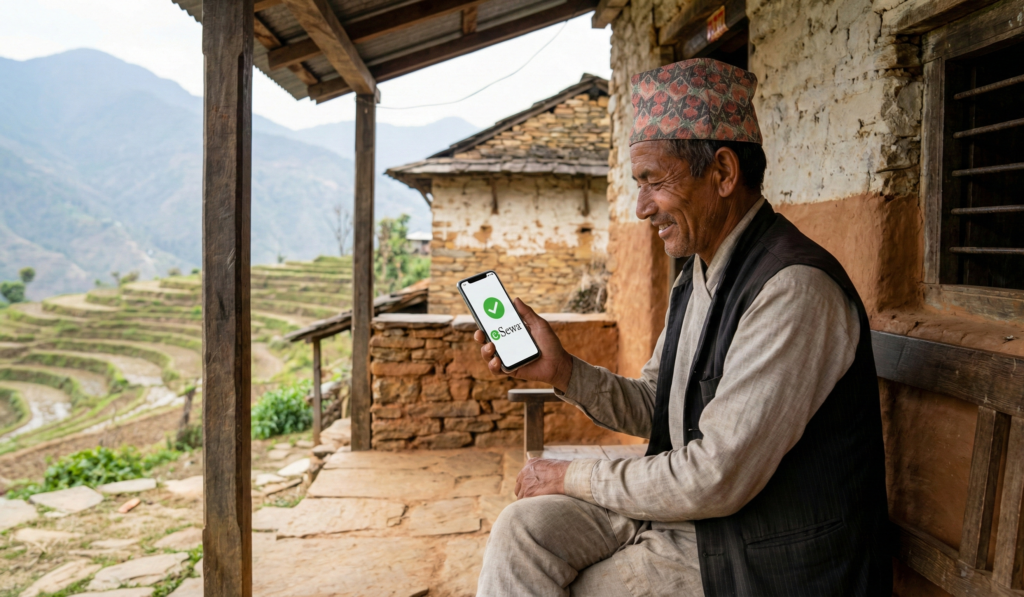 An elderly man in a rural Nepali village smiling while looking at a successful eSewa transaction on his smartphone
